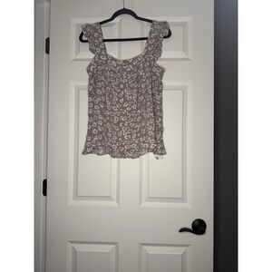 Hem And Thread Flutter Sleeve Floral Button Front Tank Top Large Nwt 44.00